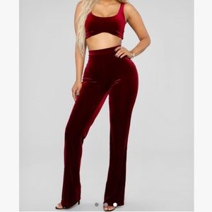 Burgundy Velvet High Waisted Flare Pants and Bra Top Set